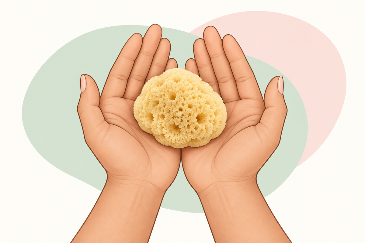 Natural reusable menstrual sea sponge ready for insertion