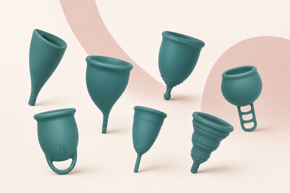Menstrual cup shapes including V-shaped, bell-shaped, round, U-shaped and angled designs