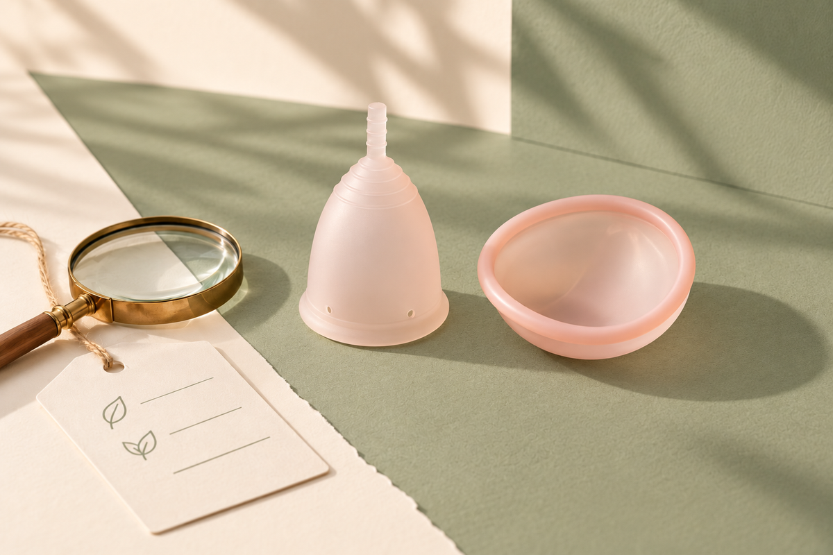 Blush colour menstrual cup and disc with a magnifying glass