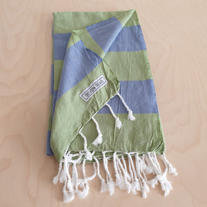 Seven Seas Turkish Towel / Sarong - Classic Sunny Stripe - Olive Green & Denim Blue