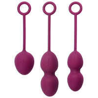 Three-piece weighted kegel ball set with purple balls and loop handles