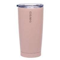 Rose pink insulated tumbler with clear lid and blue straw opening