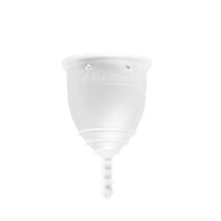White menstrual cup with stem and grip ridges, front view