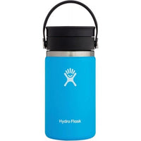 Blue wide-mouth coffee flask with black carry handle and lid