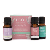 Essential oil trio gift set with 3 amber bottles and pink Immunity Trio box