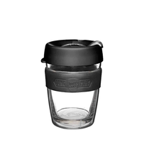 Double-wall glass coffee cup with black lid and band, clear body