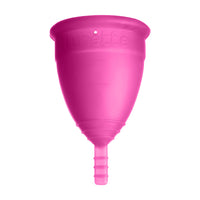 Magenta menstrual cup with a short stem and flared rim