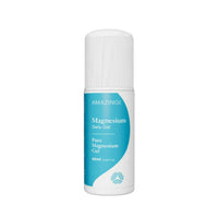 Magnesium daily gel roll-on bottle, white with blue label and ribbed cap
