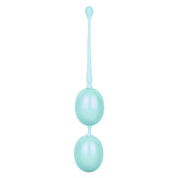 Teal weighted kegel balls with connecting cord, two smooth silicone spheres