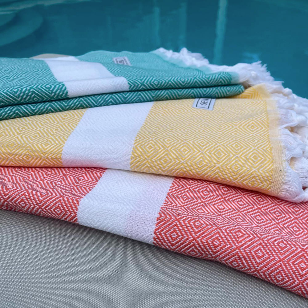 Seven Seas Turkish Towel / Sarong - Premium Diamond Jewel - Coral Orange