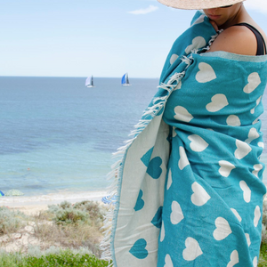 Seven Seas Turkish Towel / Sarong - Premium Hearts - Marine Mint Green