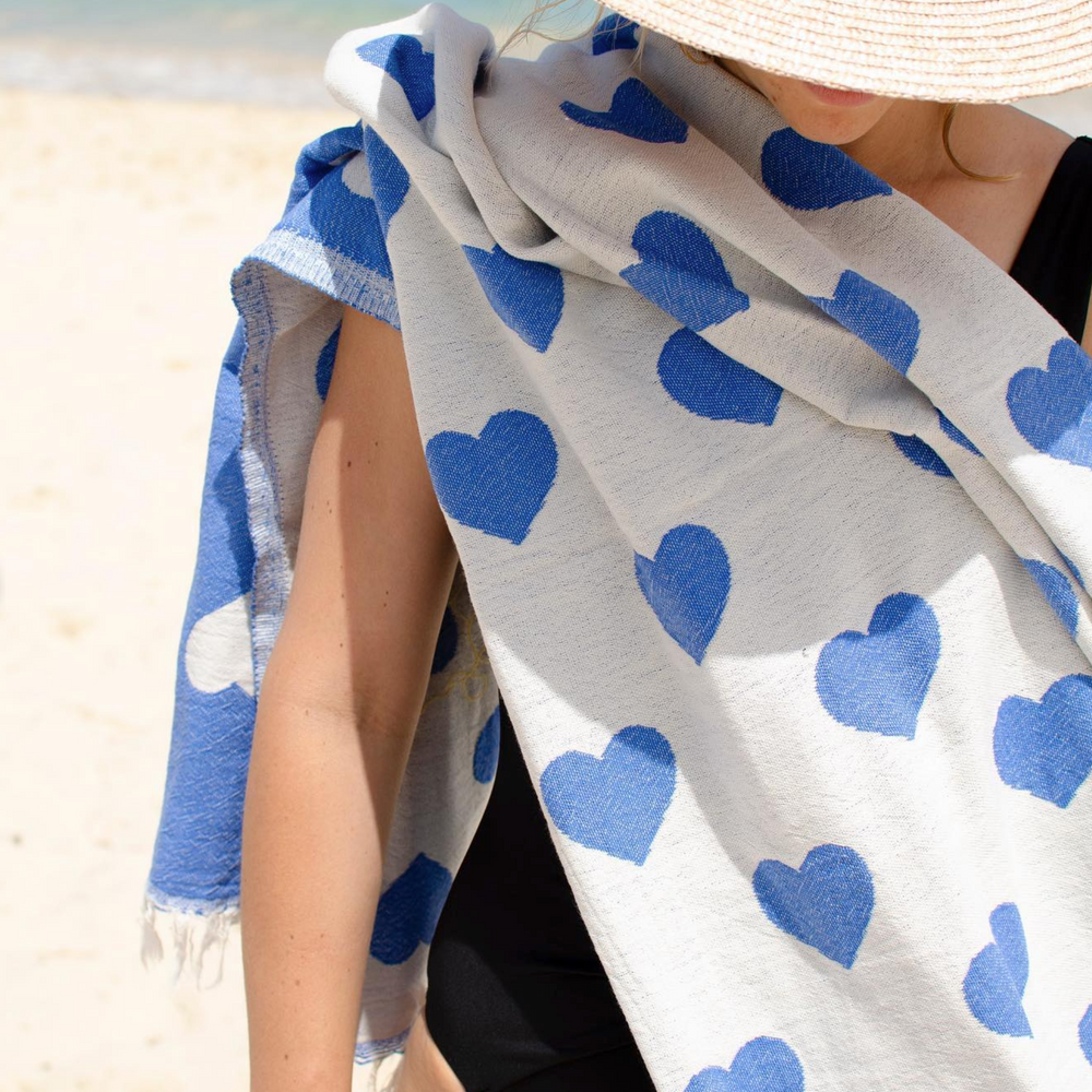 Seven Seas Turkish Towel / Sarong - Premium Hearts - Royal Blue