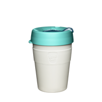 Turquoise and white thermal coffee cup with matching splashproof lid, double-walled stainless