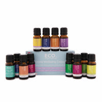 Essential oil bottle set with 12 small dark-glass vials and color-coded labels