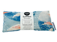 Lavender eye pillow in blue ocean pattern, gift set label on front