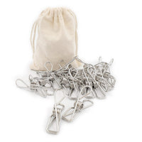 Stainless steel weather-proof pegs set with cream storage pouch, metal clips included