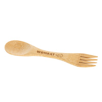 Bamboo reusable travel spork with fork tines and spoon end, natural wood finish