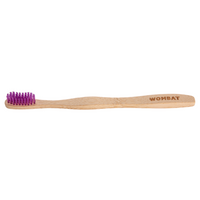 Bamboo adult toothbrush with purple bristles and wooden handle