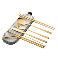 Gold stainless steel travel cutlery set with spoon, fork, chopsticks and pouch