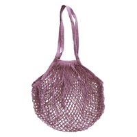 Soft pink string cotton bag with long carry straps and open net weave