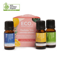 Essential oil trio set with amber bottles and black caps, Radiate box included