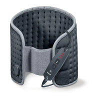 Gray heat pad with controller, rounded cuff, and hook-and-loop strap