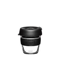 Black 6oz reusable glass coffee cup with silicone lid and grip sleeve