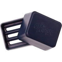 Navy in-shower bar storage container with open ridged base and matching lid