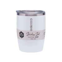 Cloud white insulated coffee cup (295ml) with clear lid, stainless steel body