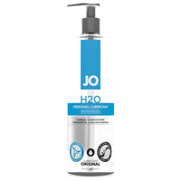 Jo H2O water-based lubricant pump bottle, silver pump with blue JO label