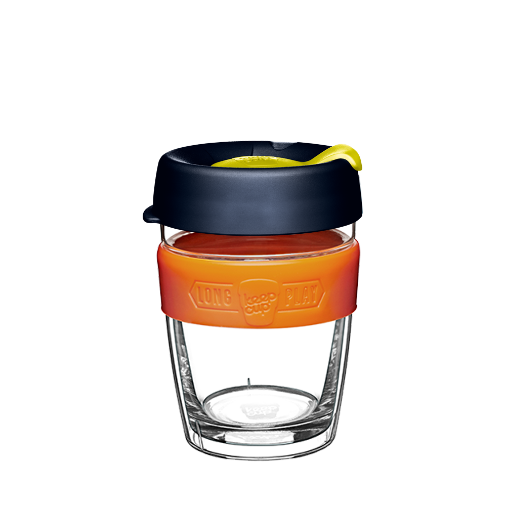 KeepCup Reusable Coffee Cup - Brew LongPlay Glass Double Wall - Medium 12oz Black/Orange (Banksia)