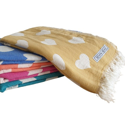 Seven Seas Turkish Towel / Sarong - Premium Hearts - Mustard Yellow