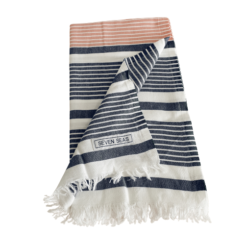 Seven Seas Turkish Towel / Sarong - Classic Aegean - Coral Orange & Navy Blue