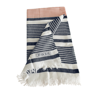 Seven Seas Turkish Towel / Sarong - Classic Aegean - Coral Orange & Navy Blue