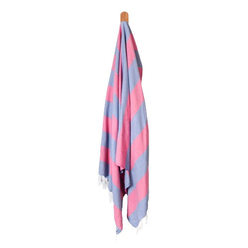 Seven Seas Turkish Towel / Sarong - Classic Sunny Stripe - Denim Blue & Fuschia Pink