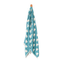 Marine mint green Turkish towel sarong with white heart print and fringed hem.