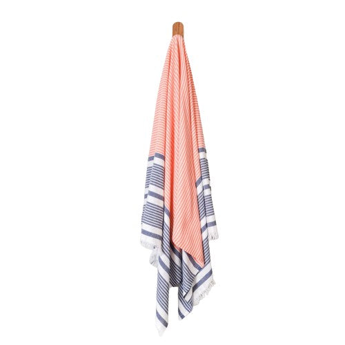 Seven Seas Turkish Towel / Sarong - Classic Aegean - Coral Orange & Navy Blue