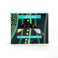 Rainforest essential oil trio gift box with ginger, lemon, and jasmine labels