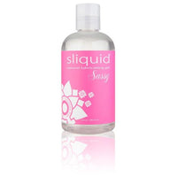 Sliquid Sassy water-based natural lubricant bottle, clear body with pink label