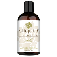 Sliquid Organics Silk lubricant bottle, amber bottle with 8.5 fl oz text