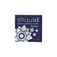 Sliquid Satin moisturiser packet, blue and white with aloe & carrageenan text