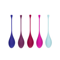 Five kegel exercisers in blue, maroon, red, pink, and light blue teardrop shapes.