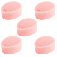 Five pink menstrual sponges with loop marks on the top surface