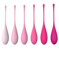 Weighted kegel egg training set with six silicone eggs, pastel to magenta.