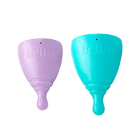 Hello double menstrual cups: lilac and teal, medium size with stem