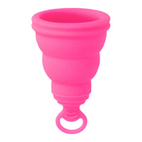Pink menstrual cup with easy removal loop, front view