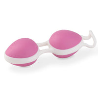 Double pink pelvic floor training balls with white handles, two-ball design