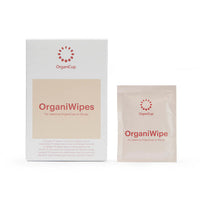 Menstrual cup cleaning wipes box and pouch, beige packaging with red logo