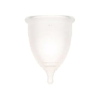 Light-colored menstrual cup with stem and wide rim