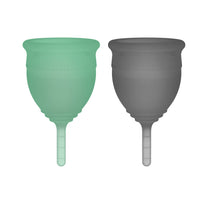 Menstrual cup twin pack: mint green and dark gray cups, flared rim with stem